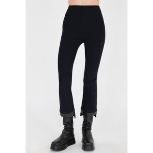 Elaine Kim Olga Leather Step Hem Cropped Flare Tech Stretch Leggings Small